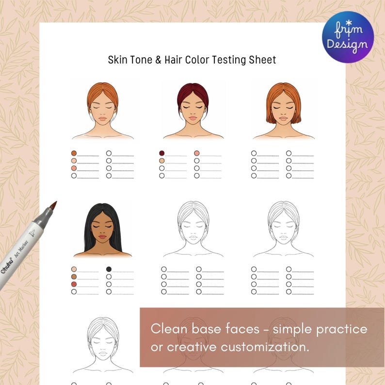 Easy Difficulty Skin Color Skin Tone & Hair Color Practice Worksheets + Makeup Face Chart Practice ...