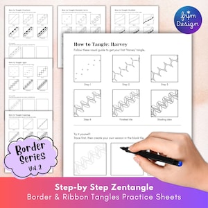 May include: A set of printable instructional sheets titled Border Series Vol. 2, featuring step-by-step visual guides for drawing various Zentangle patterns like Harvey, Fracture, and Lapwing, with blank practice tiles for tracing and drawing.