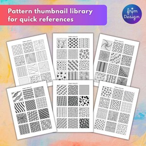6 pages features small thumbnail zentangle patterns for quick reference. Each page contains 12 patterns.