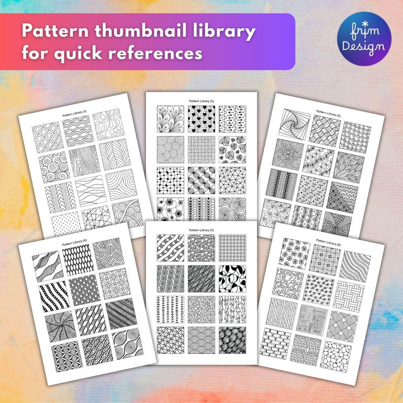 6 pages features small thumbnail zentangle patterns for quick reference. Each page contains 12 patterns.