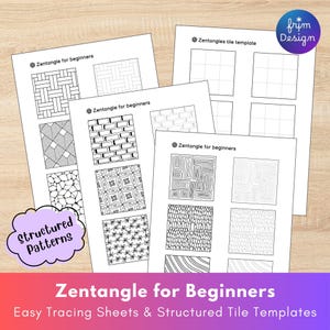 Könnte beinhalten: Weiße Papierbögen mit Zentangle-Mustern für Anfänger. Die Bögen enthalten strukturierte Kachelvorlagen und den Text "Zentangle for Beginners" und "Easy Tracing Sheets & Structured Tile Templates". Eine lila wolkenförmige Grafik zeigt "Structured Patterns".