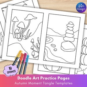 Op de afbeelding: Zwart-wit lijnkunstpagina's met herfstthema-illustraties, waaronder paddenstoelen, stapelstenen en pompoenen. De afbeelding toont ook kleurrijke stiften en de tekst "Doodle Art Practice Pages" en "Autumn Moment Tangle Templates".