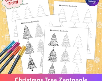 Könnte beinhalten: Mehrere weiße Papierbögen mit Weihnachtsbaum-Zendoodle-Designs, zusammen mit bunten Markern. Der Text auf den Blättern lautet "Christmas Zendoodle". Das Bild enthält auch den Text "Christmas Tree Zentangle" und "Festive Zendoodle Practice Pages - Instant Download".