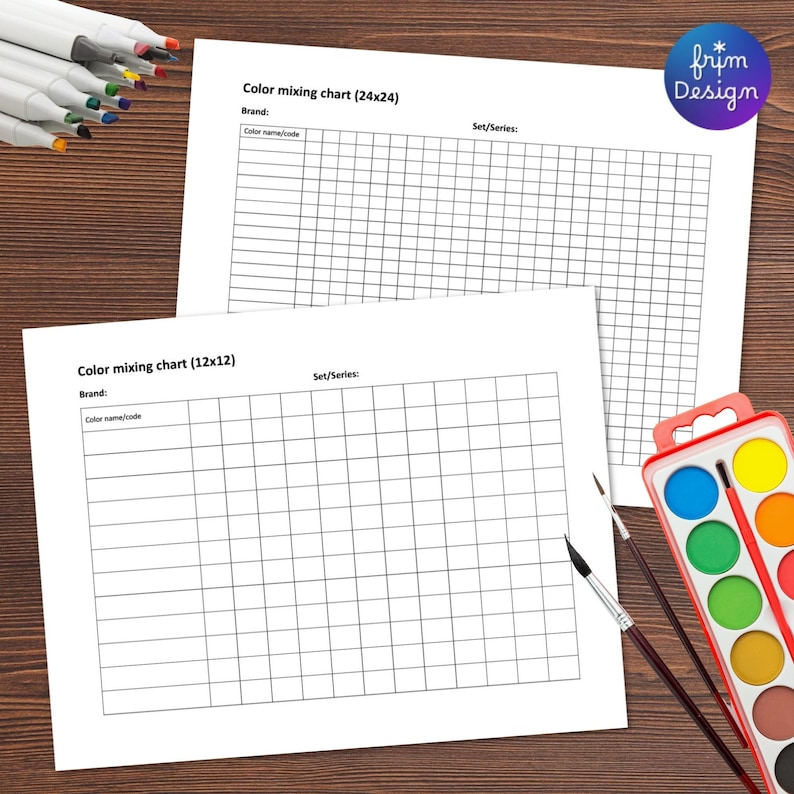 Two color mixing charts - one for 12 colors and another one for 24 colors. a watercolor palette, small art brushes and color markers are placed around the color mixing sheets.
