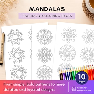 May include: A set of 10 printable mandala tracing and coloring pages featuring various geometric patterns. The sheets include simple, bold designs and detailed, layered motifs. A brown pen and a row of colored pencils are placed on the sides.