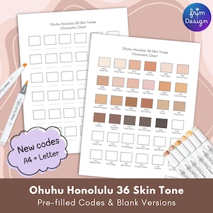 May include: Two white sheets with the text "Ohuhu Honolulu 36 Skin Tones Chromatic Chart" and color swatches. One sheet is blank, the other pre-filled. Markers and text "New codes A4 + Letter" are also visible.
