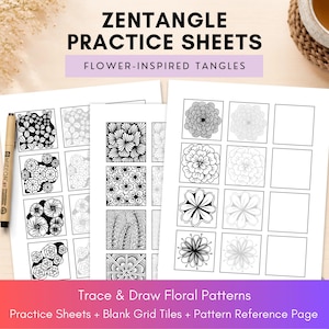 Zentangle Practice Sheets, Flower-Inspired Tangles | Floral Doodle Patterns for Tracing & Freehand Drawing