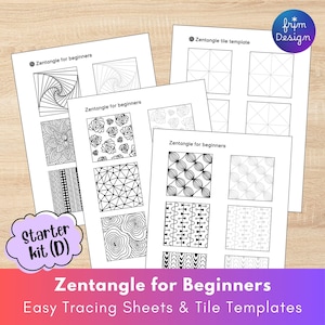 May include: A set of white paper sheets with Zentangle patterns and templates for beginners. The sheets showcase diverse black and white designs, including geometric shapes and organic patterns. The text "Zentangle for Beginners" and "Easy Tracing Sheets & Tile Templates" are visible.