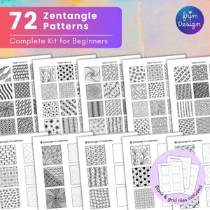Puede incluir: Un kit completo para principiantes con 72 patrones Zentangle. La imagen muestra varias hojas de papel con diversos diseños Zentangle en blanco y negro. El kit incluye baldosas en blanco y con cuadrícula para practicar.