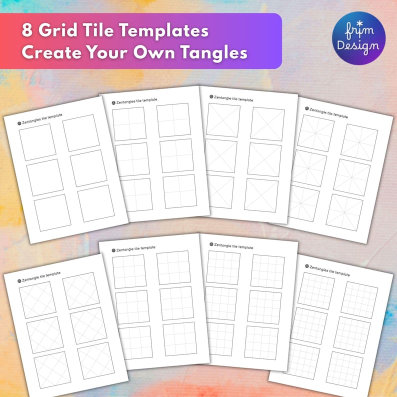 8 grid tile templates for users to create their own tangles. 6 tiles per page.