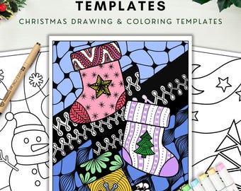 Könnte beinhalten: Zentangle-Vorlagen mit Weihnachts-Zeichen- und Ausmalvorlagen. Das zentrale Bild zeigt drei gemusterte Strümpfe in Rosa, Weiß und Gelb, verziert mit Sternen, einem Baum und einer Schneeflocke vor einem blauen und schwarzen Hintergrund.