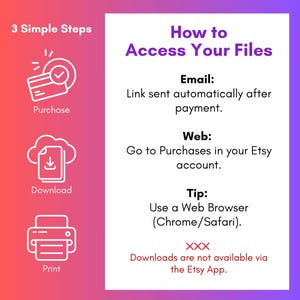 May include: An instructional graphic with a pink to purple gradient background. It lists 3 Simple Steps: Purchase, Download, and Print, with corresponding white line icons. Text explains how to access files via email or Etsy account web purchases.
