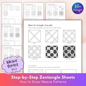 May include: A collection of step-by-step Zentangle sheets for drawing weave patterns. The main sheet shows a 'Facade' tangle with steps, finished tile, ink fill, and shading ideas. The image includes the text "Weave Series Vol. 2".
