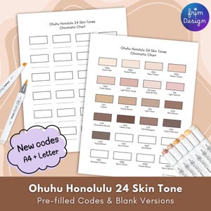 May include: Two sheets of paper with the text "Ohuhu Honolulu 24 Skin Tones Chromatic Chart" and color swatches. The image also includes markers and the text "New codes A4 + Letter".