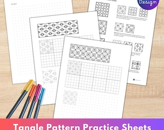 May include: A collection of white paper sheets with black line drawings and dot grids, alongside colorful markers. The sheets feature various geometric patterns and the text "Tangle Pattern Practice Sheets". The image includes the "frim Design" logo.