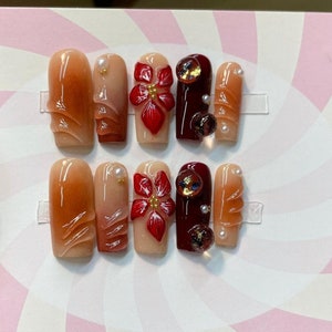 3D Flower Press On Nails: Handmade Faux Acrylic Gel Nails