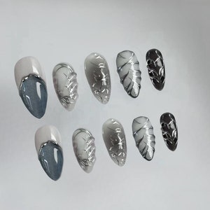 3D Silver Chrome Press On Nails: Y2K Hand-Painted Faux Nails