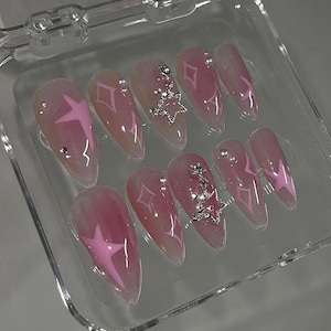 Pink Star Press On Nails: Handmade Faux Acrylic Gel Nails