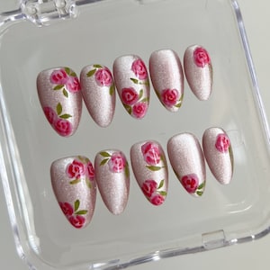 pink cat eye rose nails / silver white hand painted nail /custom press on nails/ hand made Press on Nails/Faux Acrylic Nails/ y2k Nail