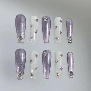 purple cateye crystal nails/ custom press on nails/ hand made Press on Nails/Faux Acrylic Nails/ Gel Nails/Press on Nails