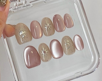 Silver Star Pink Cat Eye Press On Nails, Hand Painted, Reusable Salon Quality