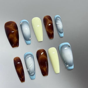Tortoise Shell Hand-Painted Press On Nails: Custom Gel Faux Acrylic Nails
