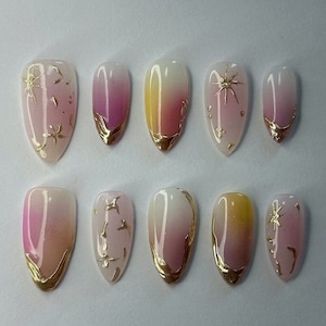 Ombre Hand-Painted Press On Nails: Gold Accent Faux Nails