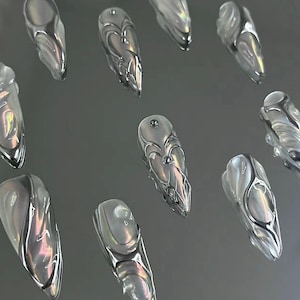 Silver Chrome Y2K Press On Nails: Hand-Painted Faux Acrylic