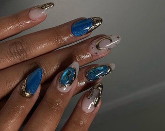 glitter blue gold chrome nails /custom press on nails/ hand made Press on Nails/Faux Acrylic Nails/ Gel Nails/Press on Nails