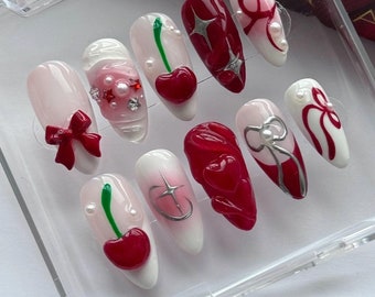 3d cherry bowknot hand painted nail/ custom press on nails/ hand made Press on Nails/Faux Acrylic Nails/ Gel Nails/Press on Nails