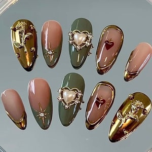 Golden Rose Press On Nails: Hand-Painted Faux Acrylic Gel Nails
