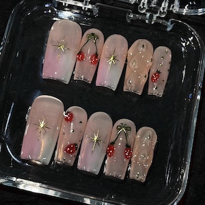 3D Strawberry Press On Nails: Handmade Faux Acrylic Gel Nails