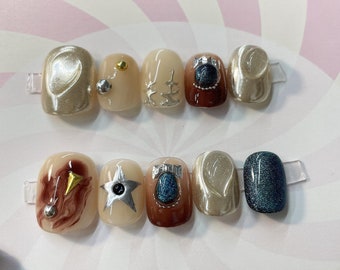 Y2K Hand-Painted Press On Nails: Custom Gel Faux Acrylic Nails