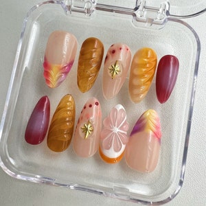 3D Orange Fruit Press On Nägel: Y2K Handbemalte Faux Acrylnägel