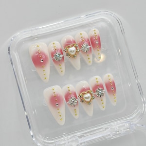 Ombre Pink Crystal Press On Nails: Hand-Painted Faux Acrylic Gel Nails