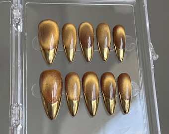 gold chrome glitter cat eye Press On Nails: Handmade custom Nails