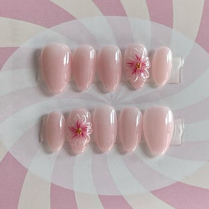Pink 3D Flower Press On Nails: Handmade Faux Acrylic Gel Nails