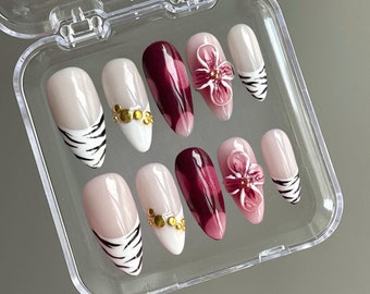 3D Flower Zebra Press On Nails: French Tip Y2K False Nails