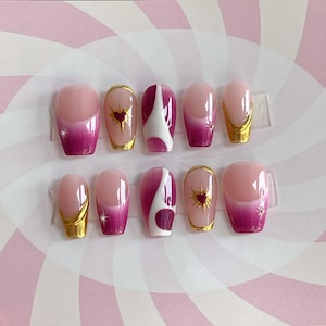 Gold Pink Abstract Press On Nails: Handmade Faux Acrylic Gel Nails