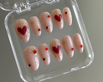 Red Heart Valentine's Press On Nails: Y2K Faux Acrylic Nails