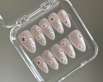 Pink Cherry Blossom Press On Nails: Handmade Gel Faux Acrylic Nails