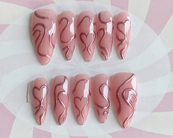 Uñas postizas con corazón rosa cromado: uñas acrílicas falsas Y2K