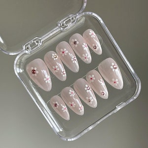 Pink Cherry Blossom Press On Nails: Handmade Gel Faux Acrylic Nails