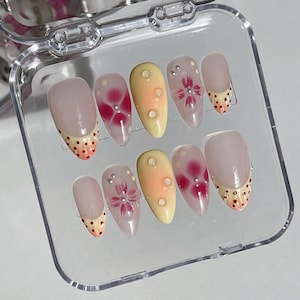 Ombre Flower Hand-Painted Press On Nails: Custom Gel Faux Acrylic Nails