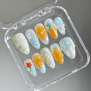 3D Floral Press On Nails: Orange, Blue, Handmade Faux Acrylic Nails