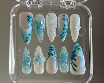 Blue Chrome Flora Press On Nails: Y2K Hand-Painted Faux Acrylic