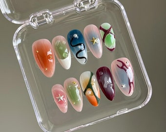 Colorful Graffiti Hand-Painted Press On Nails: Custom Faux Acrylic Gel Nails