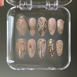 3d flower gold chrome nails/ custom press on nails/ hand made Press on Nails/Faux Acrylic Nails/ Gel Nails/Press on Nails