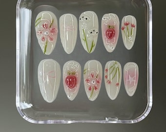 3D Flower Bunny Press On Nails: Custom Faux Acrylic Gel Nails