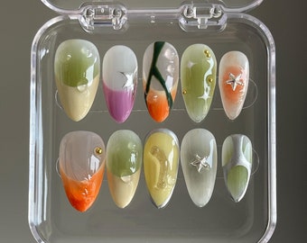Colorful Graffiti Hand-Painted Press On Nails: Custom Faux Acrylic Gel Nails
